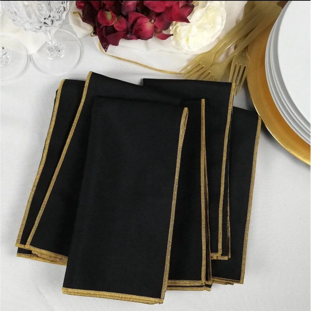 Set of 6 Black Cloth Napkins Gold Trim 18x18 Elegant Formal Dinner Table Linens